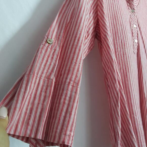 Multiples Linen Blend Striped Print Band Collar 3/4 Roll-Tab Sleeve Top Size L - Picture 3 of 5